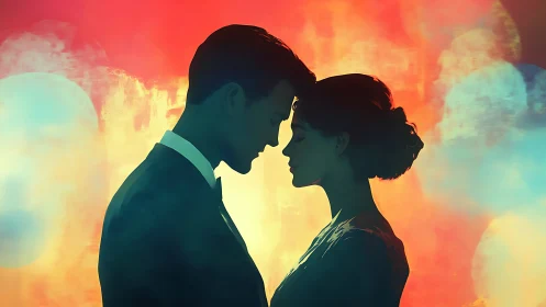 Silhouetted Couple Foreground Dramatic Sunset Backdrop.