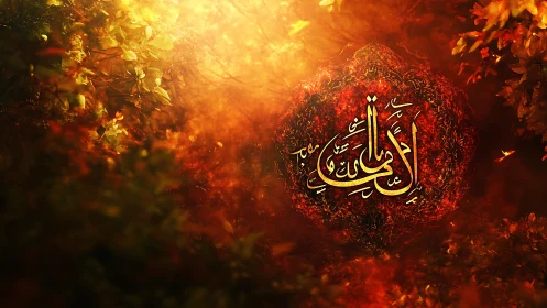 Golden calligraphy ember crowned by glowing forest light.