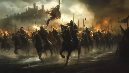 Armored cavalry charge toward burning citadel under stormfront