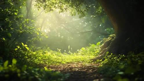 Enchanted Forest Glade: Golden Light Through Canopy