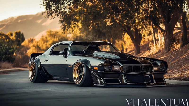 Pro-touring classic muscle car with widebody kit at sunset