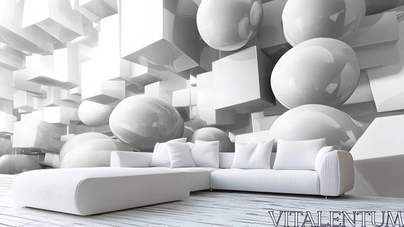 White living room with abstract 3D geometric wall installation.