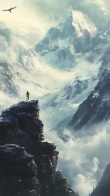 Solitary figure surveying vast misty alpine peaks.
