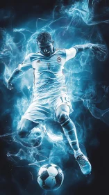 Dynamic neon-lit footballer executes mid-air strike in blue haze