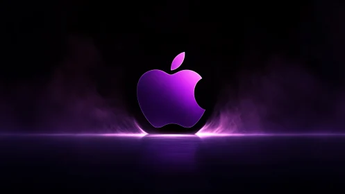 Glowing purple apple logo emerges from smoky neon void.