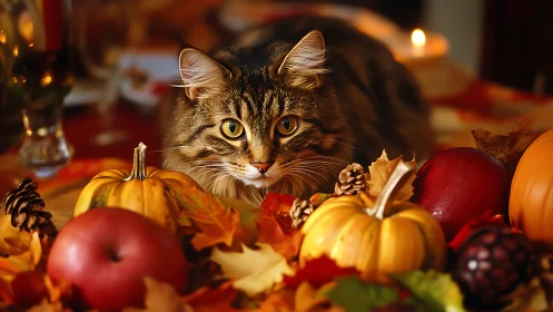 Tabby cat positioned among autumn harvest decorations and leaves.