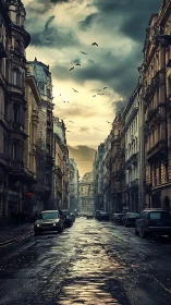 Moody wet cobblestone street between historic European facades