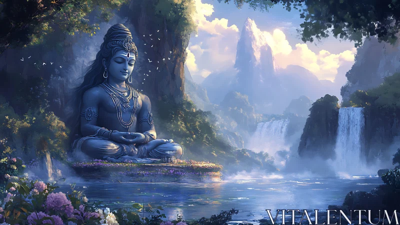 Large stone deity statue sits beside river in misty valley