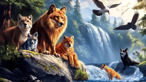 Wildlife Family in Mountain Landscape with Eagles