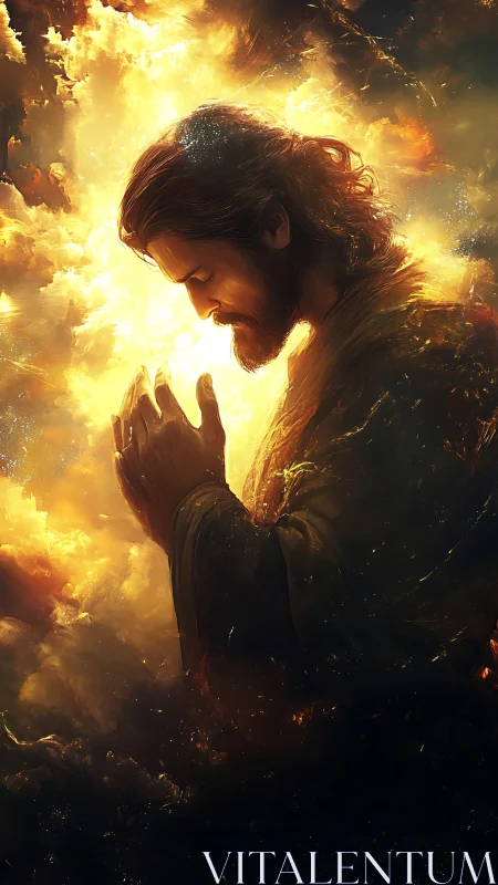 Praying robed man in glowing clouds and radiant light.