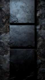 Dark triptych slabs over cracked stone background.
