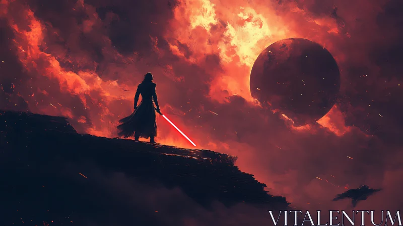 Sith-like warrior over fiery clouds and eclipsed planet.