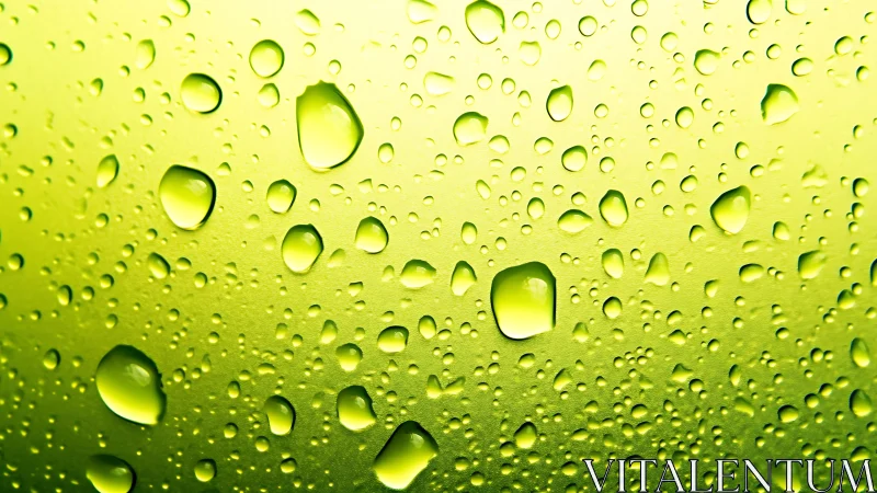 Lime green water droplets scatter over smooth reflective surface
