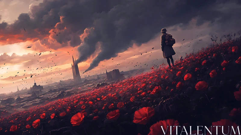 Lone soldier surveys burning city beyond scarlet poppies.