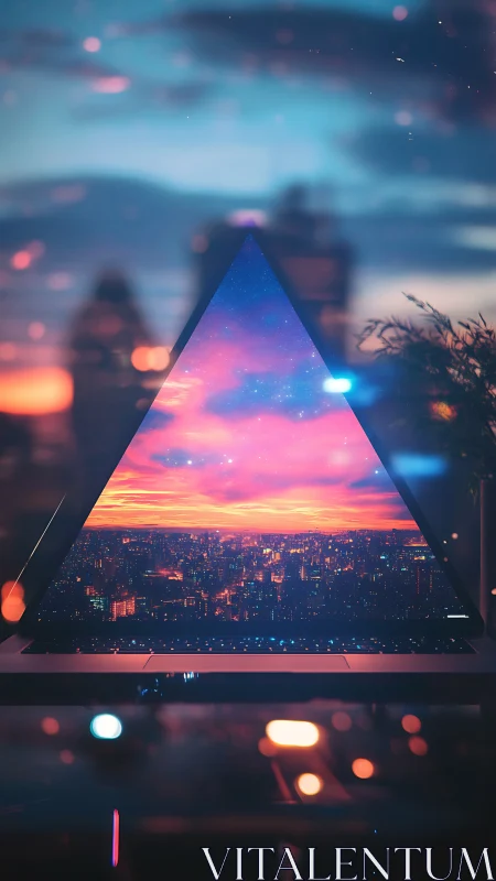 Triangular portal laptop reframes a neon-laced twilight city