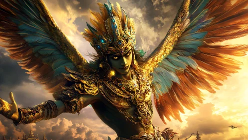 Skyborne jeweled guardian unfolds blazing celestial wings.