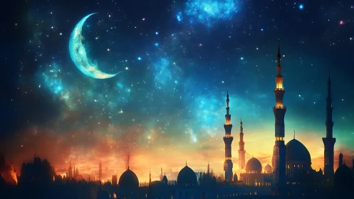 Crescent moon above luminous mosque skyline at twilight.