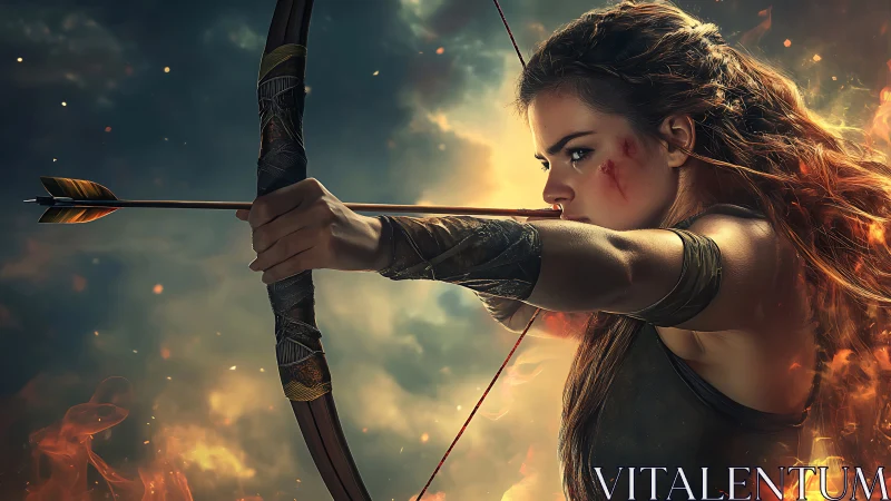 Fierce young archer drawing her bow in glowing battle light.