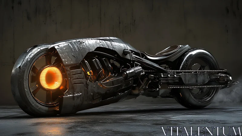 Futuristic low-profile motorcycle in dim industrial space.