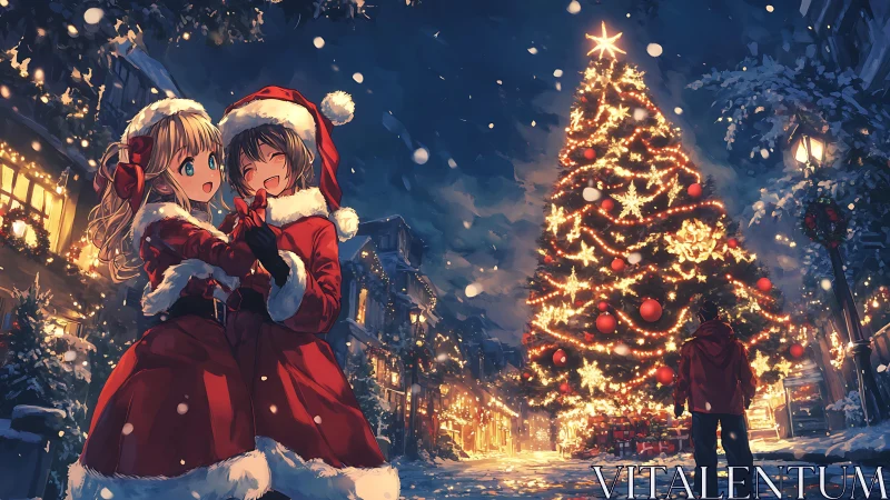Anime friends in Santa outfits by lit Christmas tree.