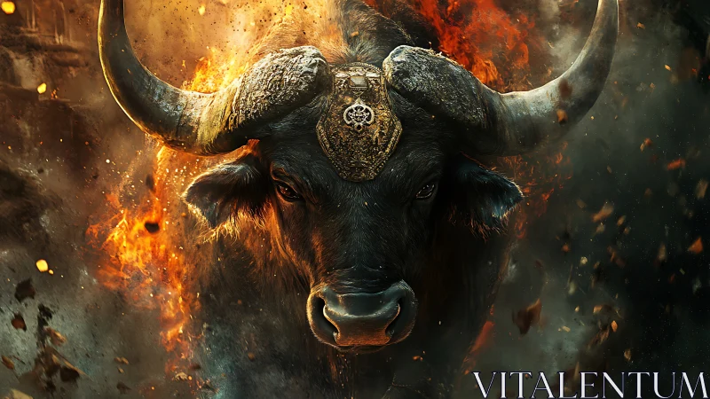 Fire-forged sacred bull charging through swirling embers.