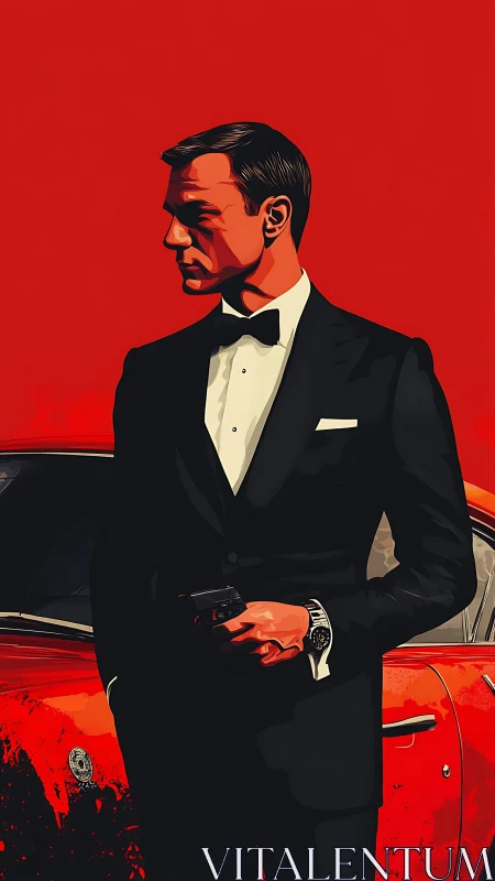 Sharp-suited spy silhouette before red vintage car backdrop.