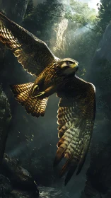 Raptor in sunlit canyon soaring through misty forest air.