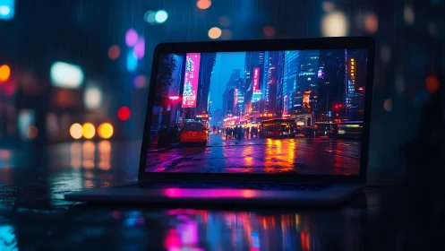 Open laptop frames neon city street in vivid rainy night