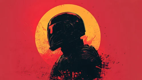 Silhouetted space soldier stands against a blazing red sun