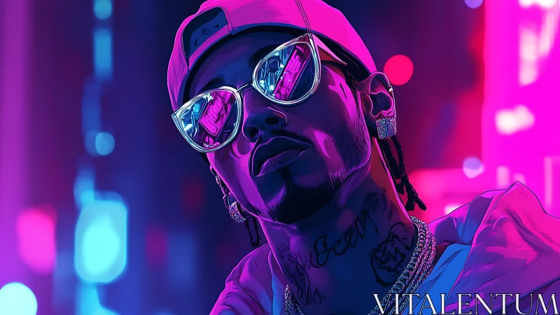 Neon-lit urban portrait of cool rapper in reflective shades.