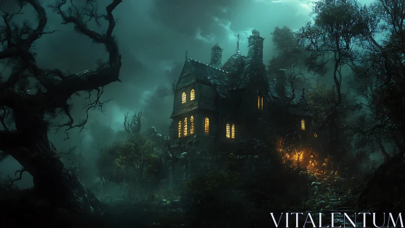 Moody forest manor glowing with mysterious warm light.