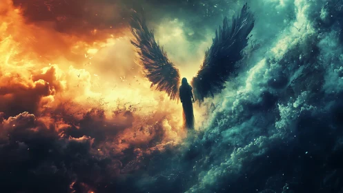 Dark angel stands between blazing fire and stormy sky.