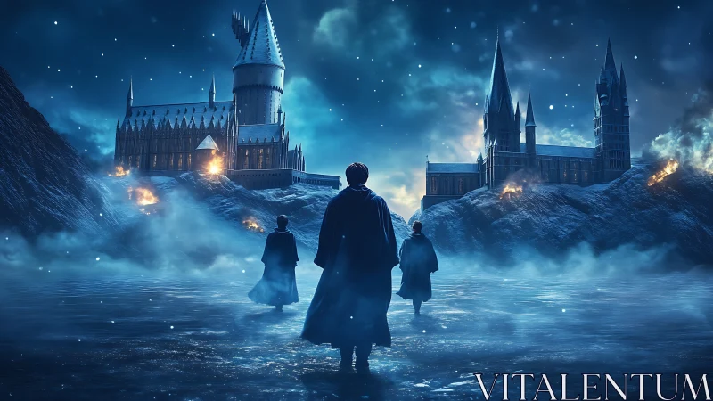 Cloaked figures approach a burning fantasy castle at night.