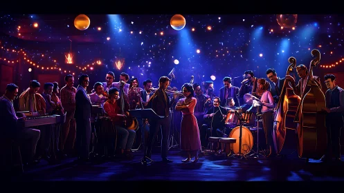 Joyful jazz ensemble glowing under starry club lights.
