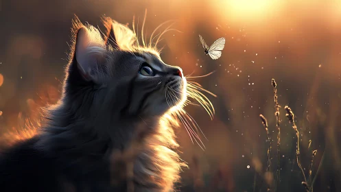 Cat Watches Butterfly in Golden Sunset Light.