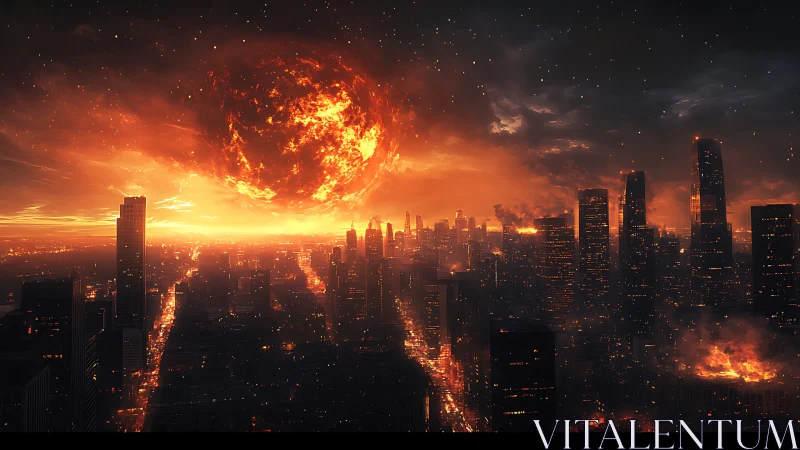 Apocalyptic metropolis under descending fiery celestial sphere.