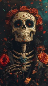 Digital painting of floral Dia de los Muertos skeleton portrait.