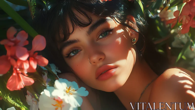 Digital portrait shows young woman framed by vivid flowers