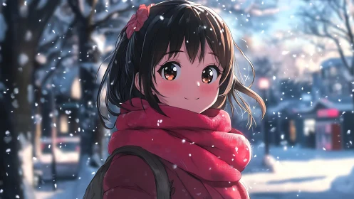 Anime girl in red scarf on softly lit winter city street