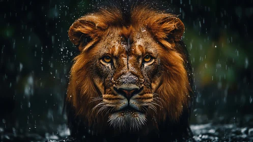 Male lion portrait in rainfall with dark forest backdrop.