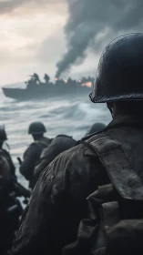 Stormbound soldiers advance toward a burning shoreline of war.
