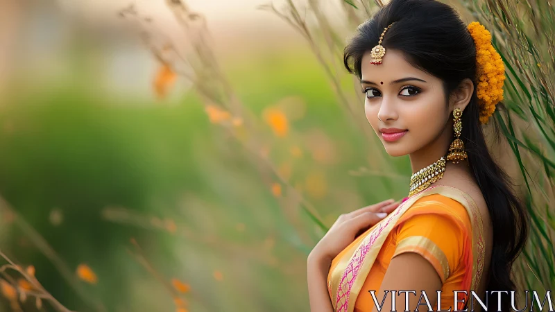 Photorealistic portrait of young woman in sari, shallow depth