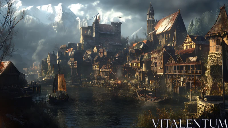 Medieval riverside town beneath overcast mountain landscape.