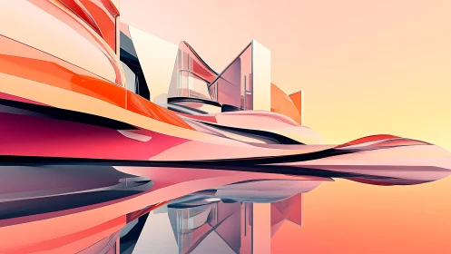 Futuristic curved building floats over reflective water surface