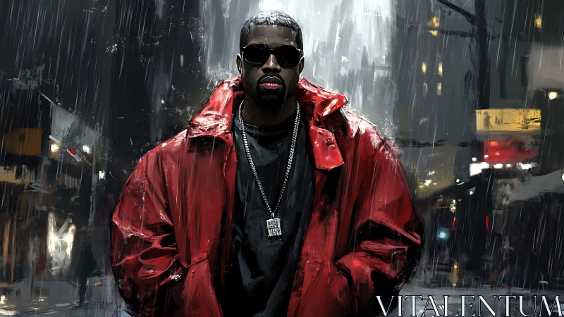 Urban neon portrait in rain with bold red streetwear coat