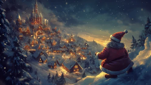 Santa gazes over a glowing winter village of cozy wonder.