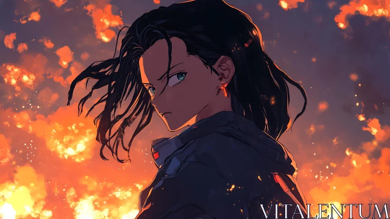 Fierce anime hero standing strong in a storm of glowing embers.