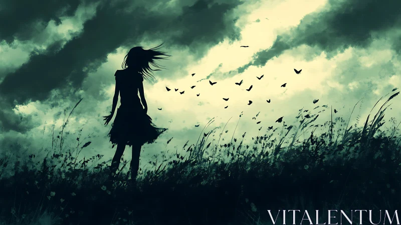 Silhouetted girl in turbulent meadow under storm-torn sky.