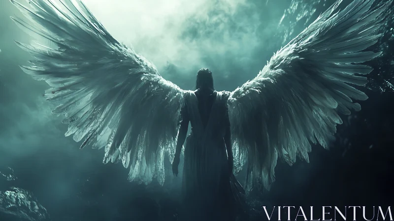 Backlit angelic figure with expansive wings in cinematic fog