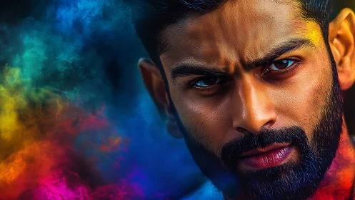 Intense bearded portrait glows within swirling neon color clouds